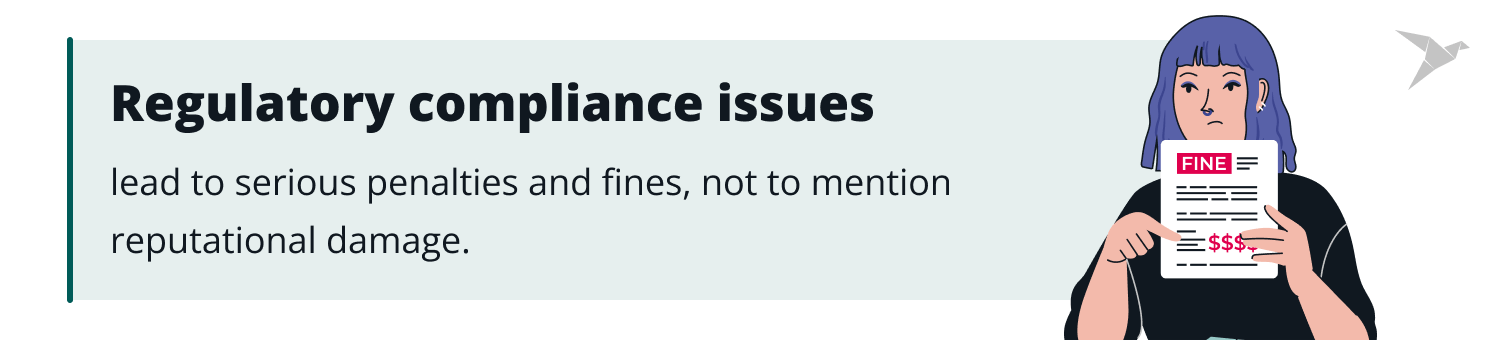 Regulatory compliance issues lead to serious penalties and fines, not to mention reputational damage